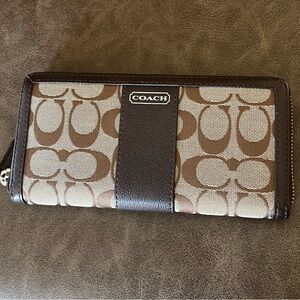 Coach Signature Canvas Zip Around Wallet Brown Tan Leather